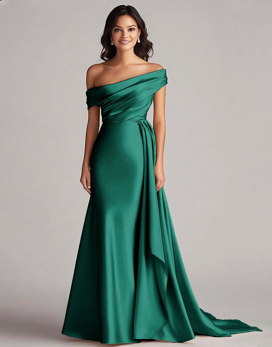 Elegant Champagne One Shoulder Bodycon Satin Long Prom Dress With Ruffles