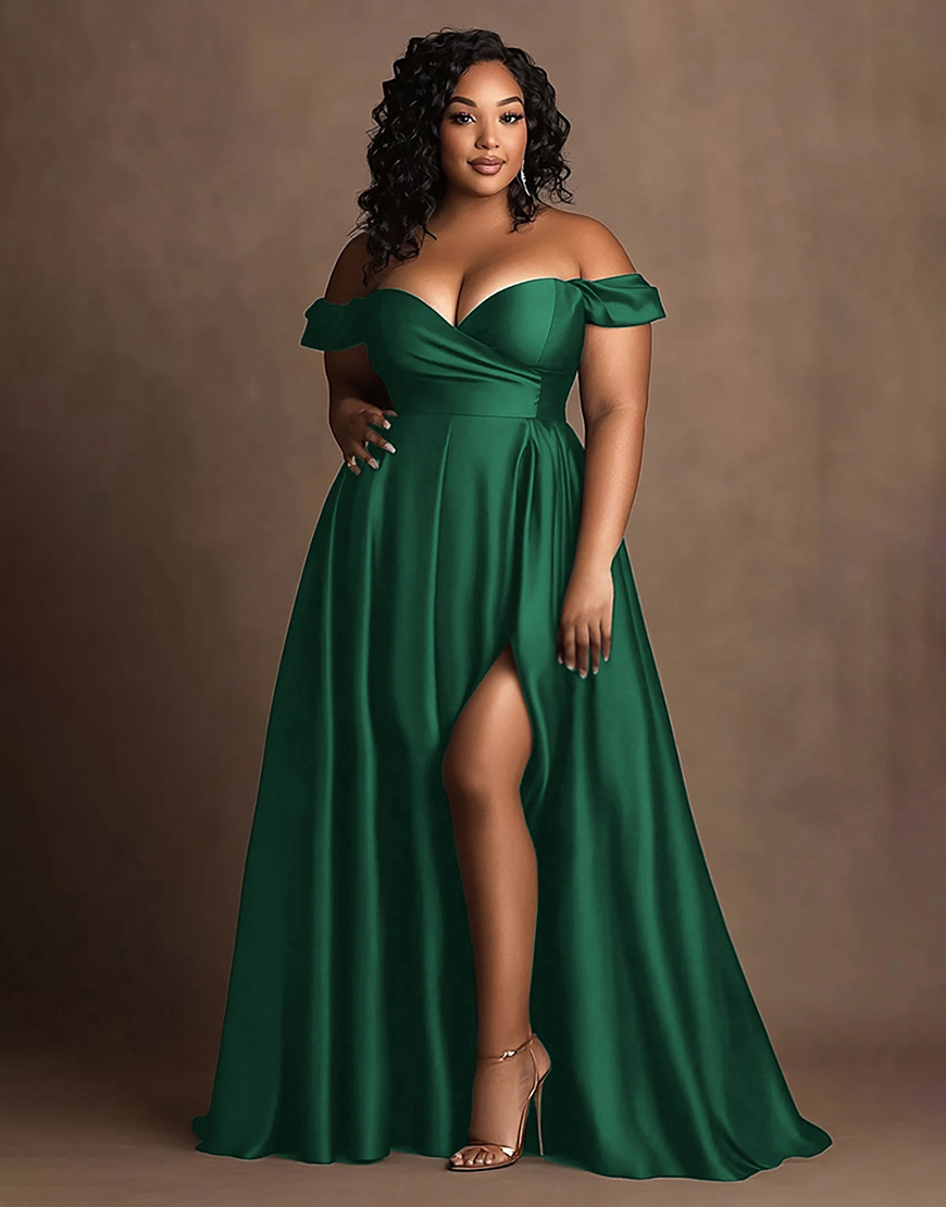 Navy A Line Off the Shoulder Plus Size Long Satin Formal Dress with Slit