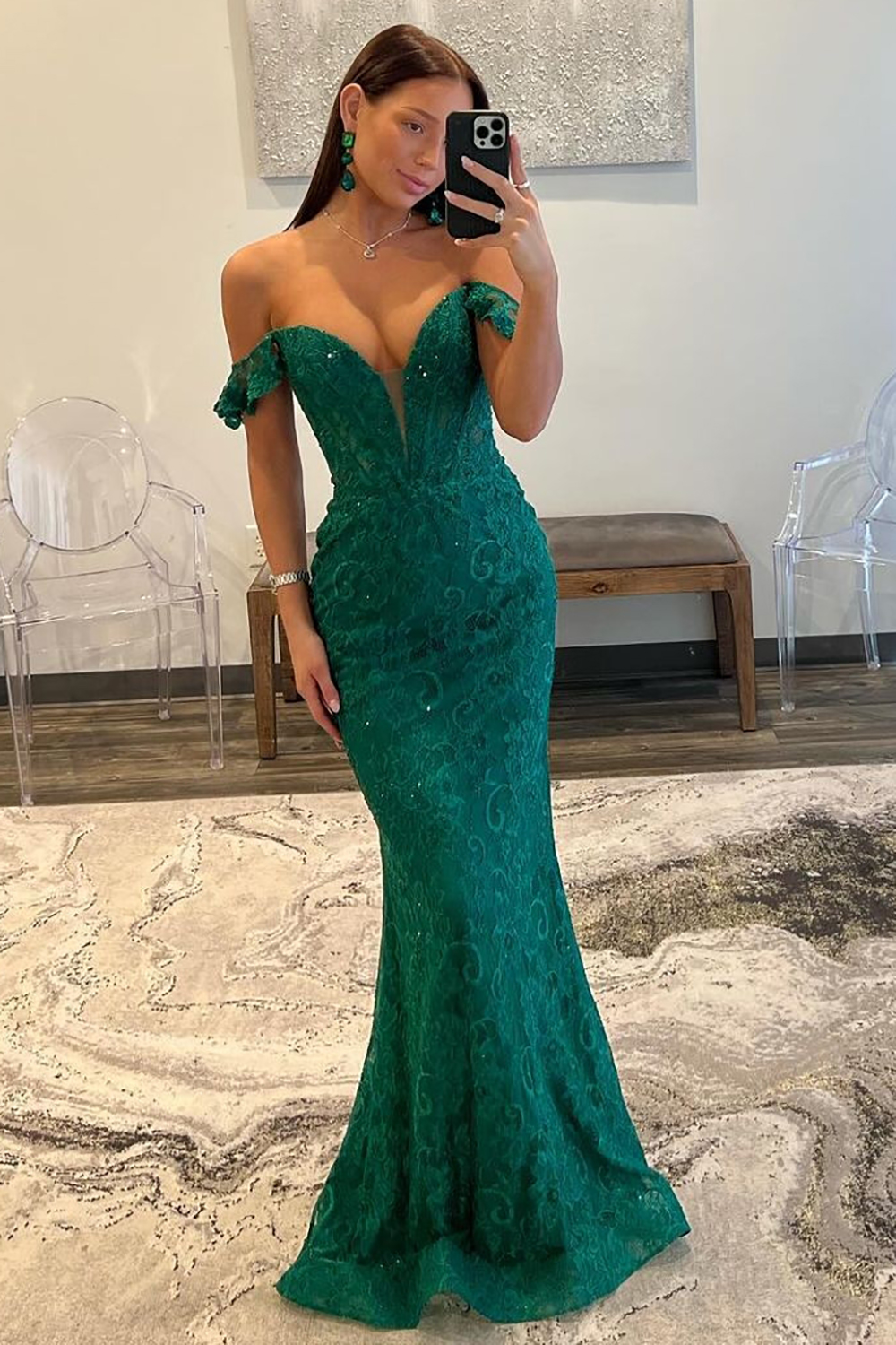 Dark Green Off The Shoulder Mermaid Long Lace Prom Dress
