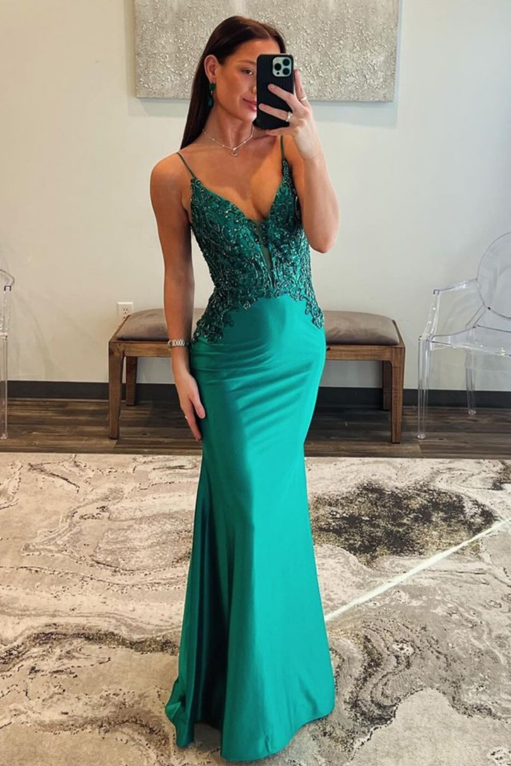 Dark Green Spaghetti Straps Mermaid Long Satin Prom Dress With Beading