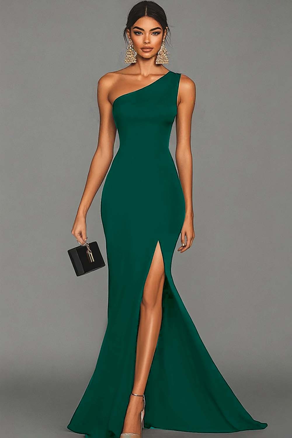 Dark Green Satin Mermaid Long One Shoulder Formal Dress with Slit