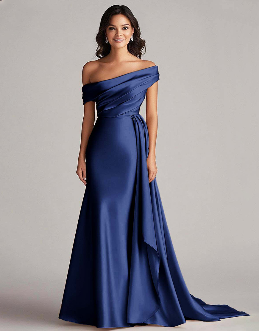 Elegant Champagne One Shoulder Bodycon Satin Long Prom Dress With Ruffles