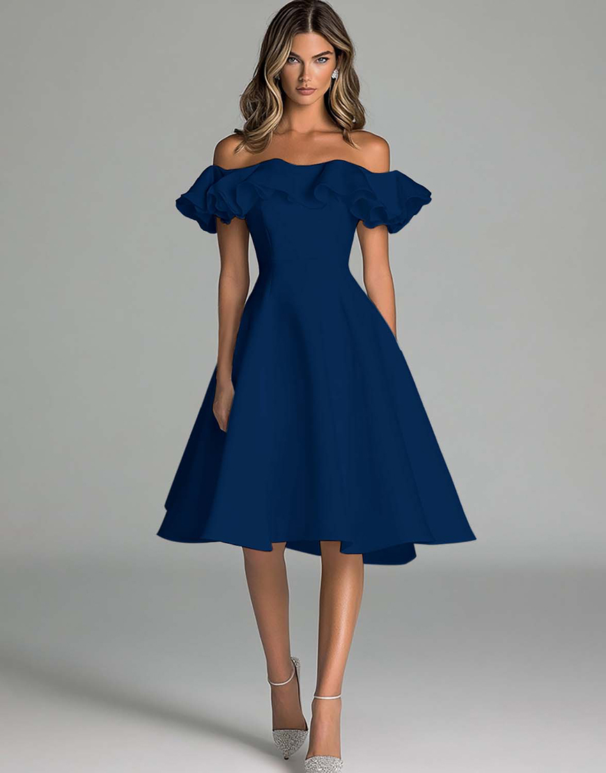 A Line Satin Off the Shoulder Little White Graduation Dress with Ruffles