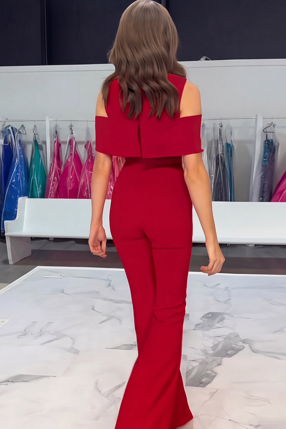 Red Cold Shoulder Tight Satin Long Homecoming Jumpsuits