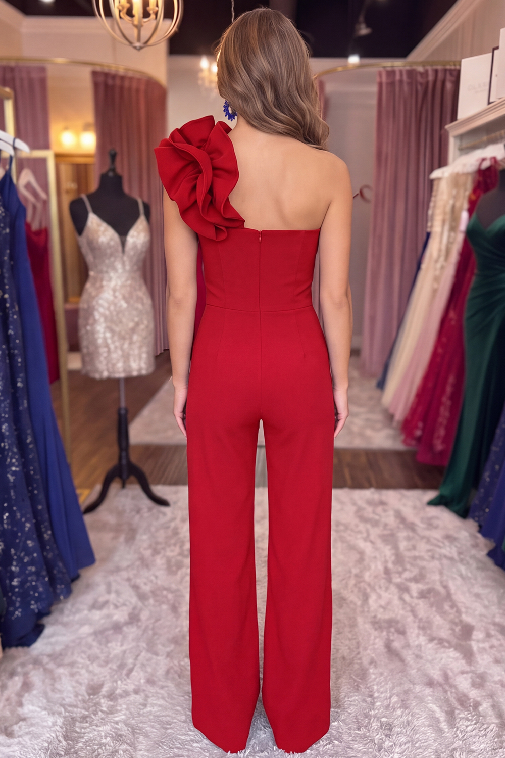 Royal Blue One Shoulder Simple Prom Jumpsuits with 3D Flower