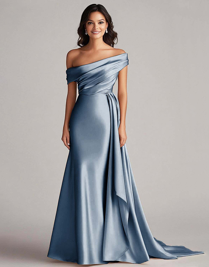 Elegant Champagne One Shoulder Bodycon Satin Long Prom Dress With Ruffles