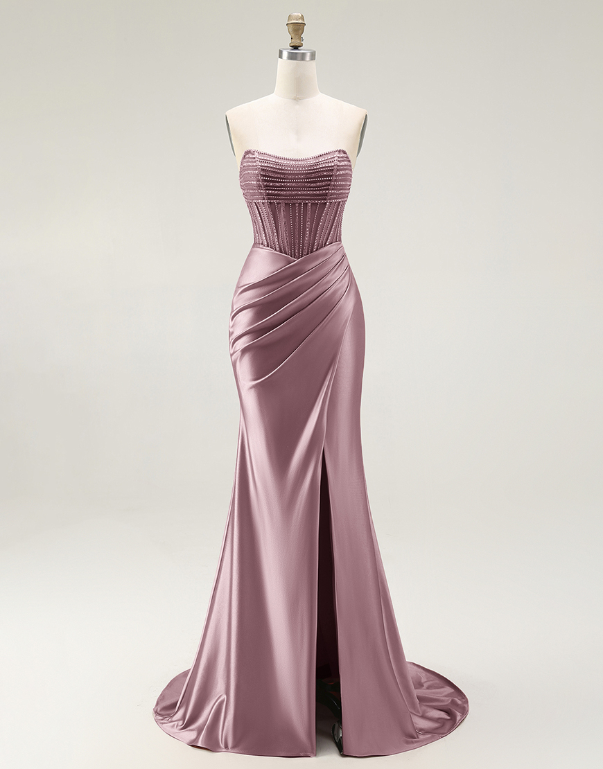 Sparkly Mermaid Blush Strapless Ruched Long Prom Dress with Slit