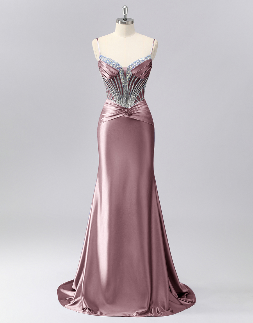 Sparkly Grey Blue Spaghetti Straps Mermaid Long Prom Dress with Beading