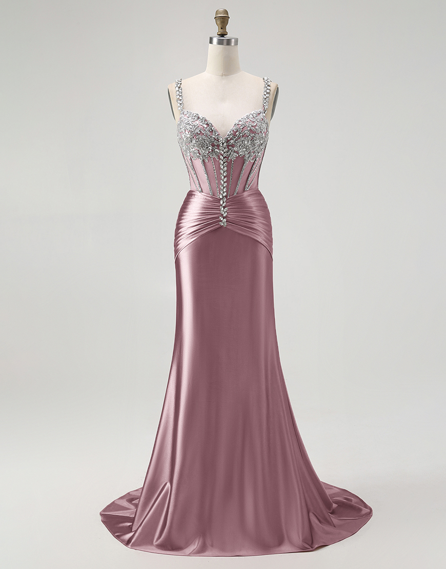 Sparkly Blush Mermaid Spaghetti Straps Long Corset Satin Prom Dress with Beading