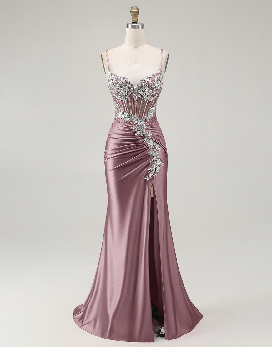 Sparkly Grey Pink Mermaid Satin Corset Long Prom Dress with Slit