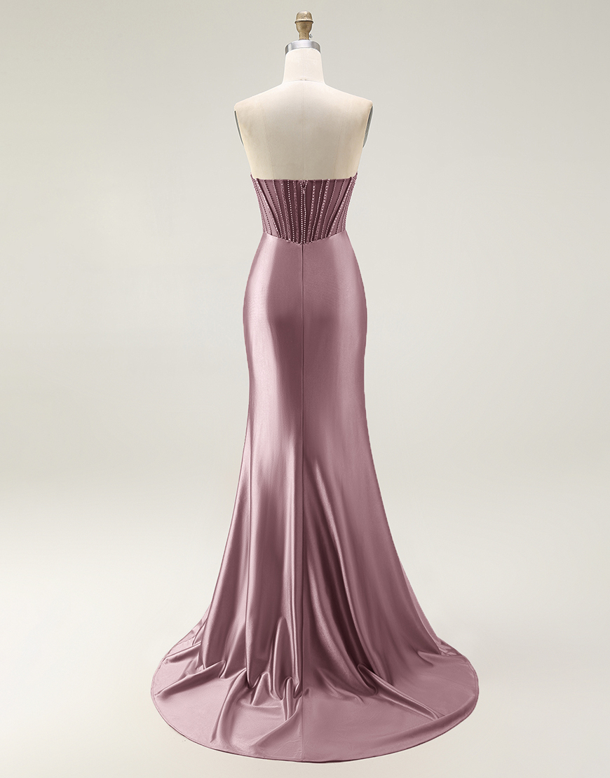 Sparkly Mermaid Blush Strapless Ruched Long Prom Dress with Slit