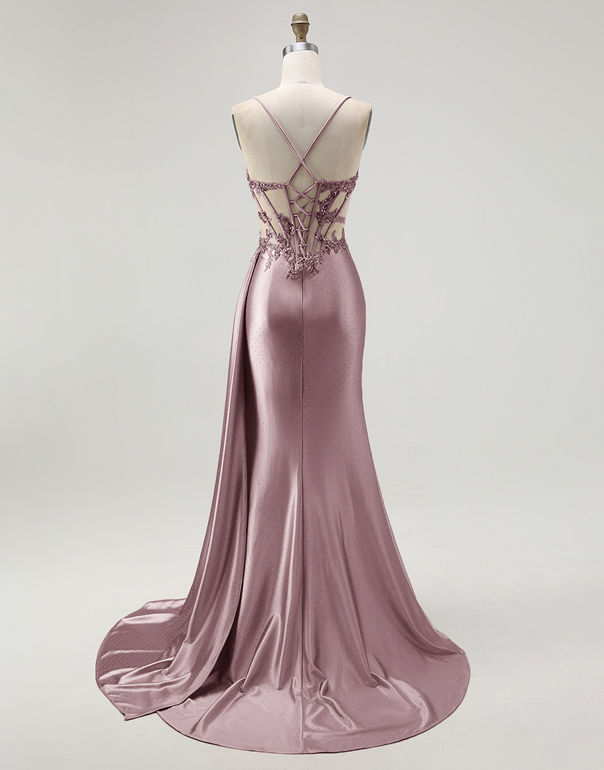 Sparkly Champagne Mermaid Spaghetti Straps Satin Long Prom Dress with Beading