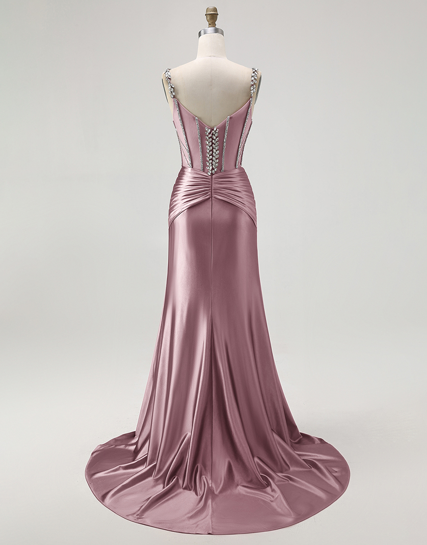 Sparkly Blush Mermaid Spaghetti Straps Long Corset Satin Prom Dress with Beading