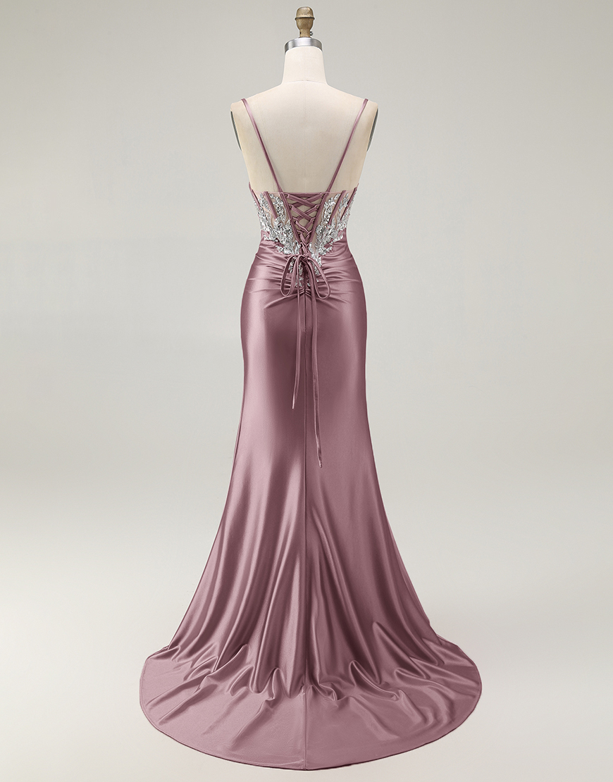 Sparkly Grey Pink Mermaid Satin Corset Long Prom Dress with Slit