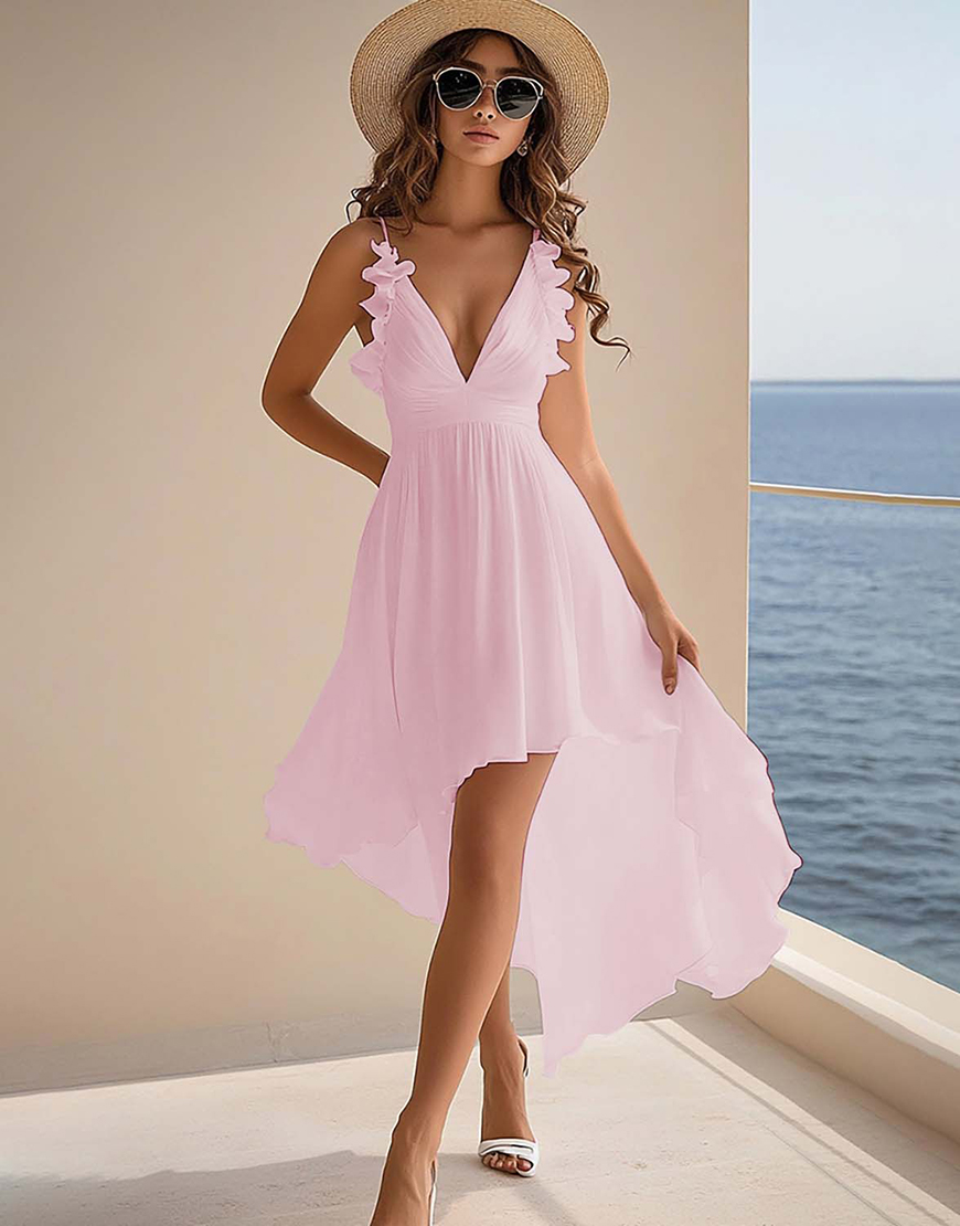 White A Line Chiffon High Low Graduation Dress with Ruffles