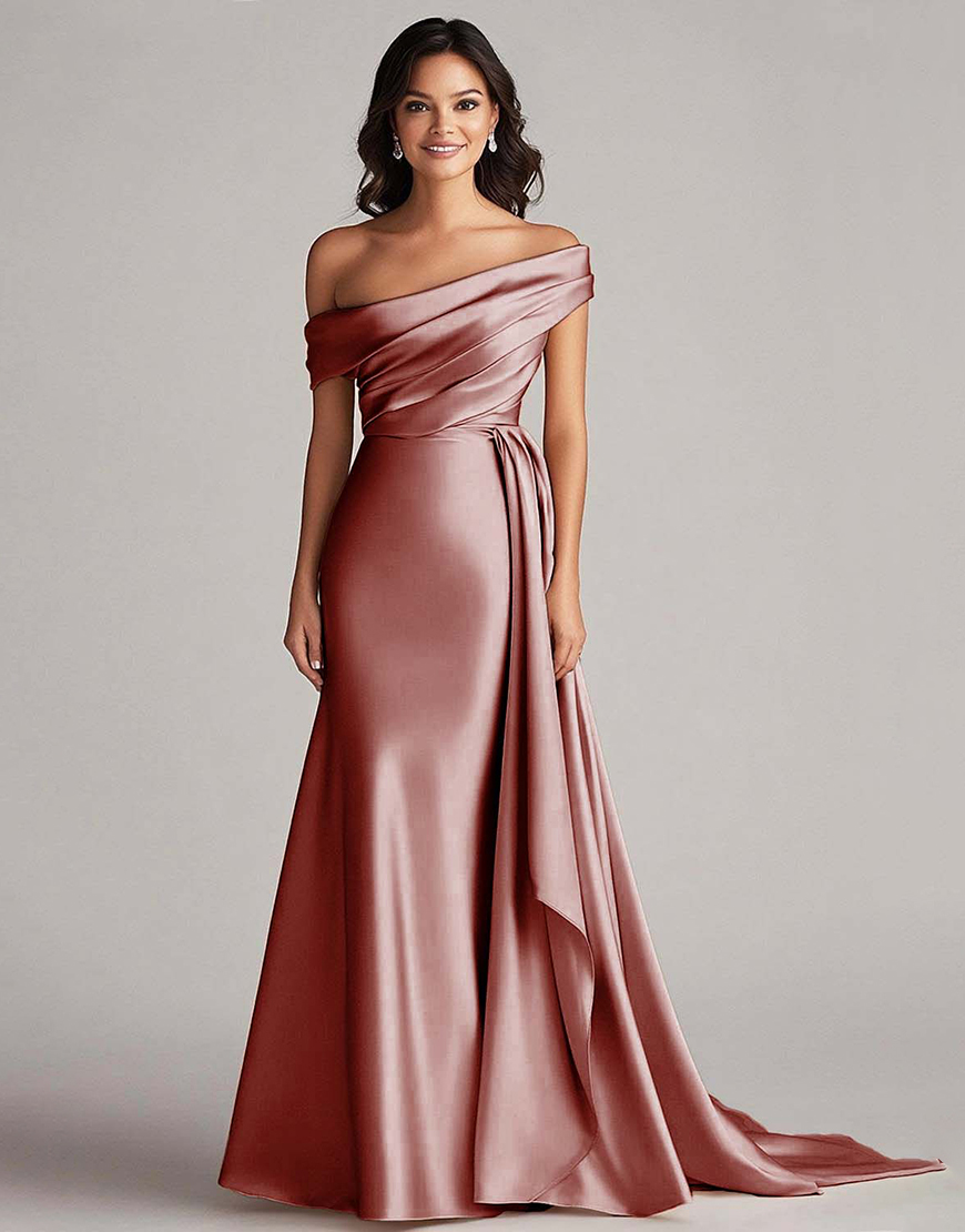 Elegant Champagne One Shoulder Bodycon Satin Long Prom Dress With Ruffles