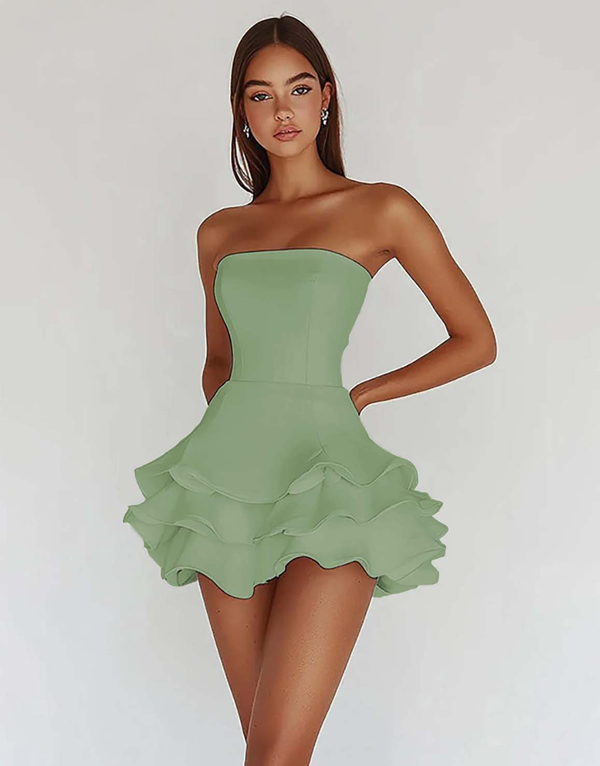 Satin A Line Strapless Little White Graduation Dress with Ruffles