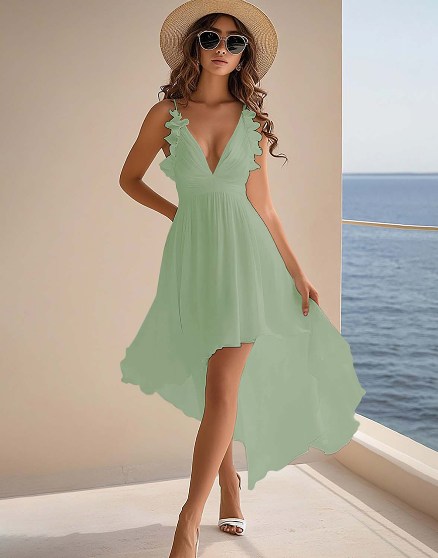 White A Line Chiffon High Low Graduation Dress with Ruffles