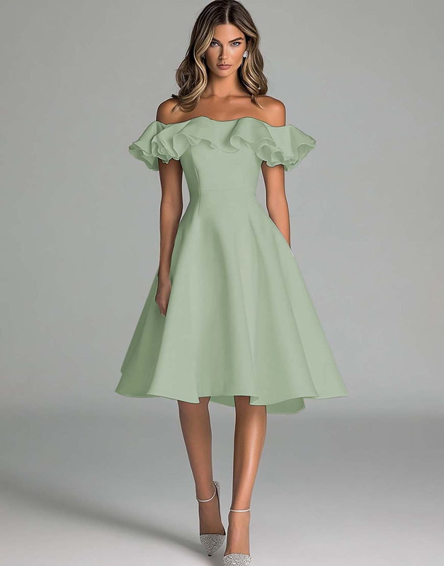 A Line Satin Off the Shoulder Little White Graduation Dress with Ruffles