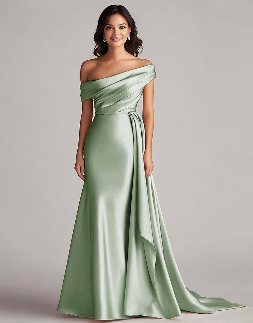 Elegant Champagne One Shoulder Bodycon Satin Long Prom Dress With Ruffles