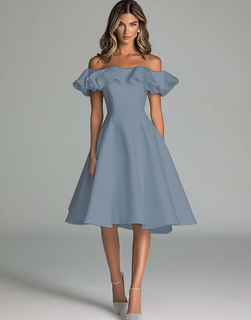 A Line Satin Off the Shoulder Little White Graduation Dress with Ruffles