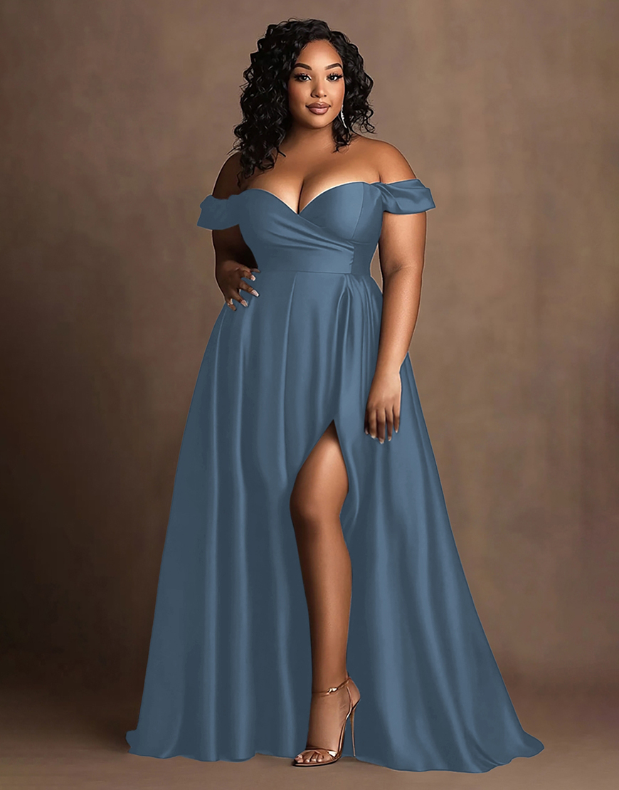 Navy A Line Off the Shoulder Plus Size Long Satin Formal Dress with Slit