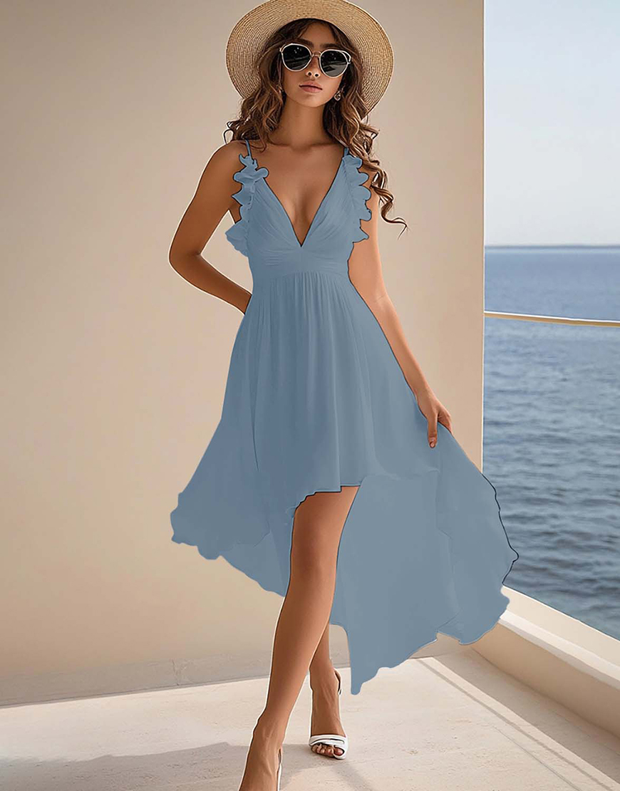 White A Line Chiffon High Low Graduation Dress with Ruffles