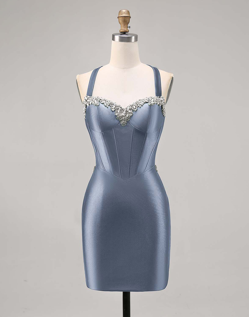 Sparkly Dark Green Tight Satin Short Corset Homecoming Dress with Beading