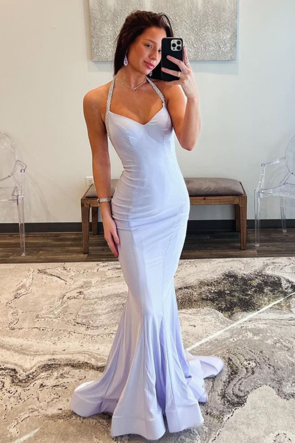 Elegant White Mermaid Beaded Halter Neck Long Prom Dress 