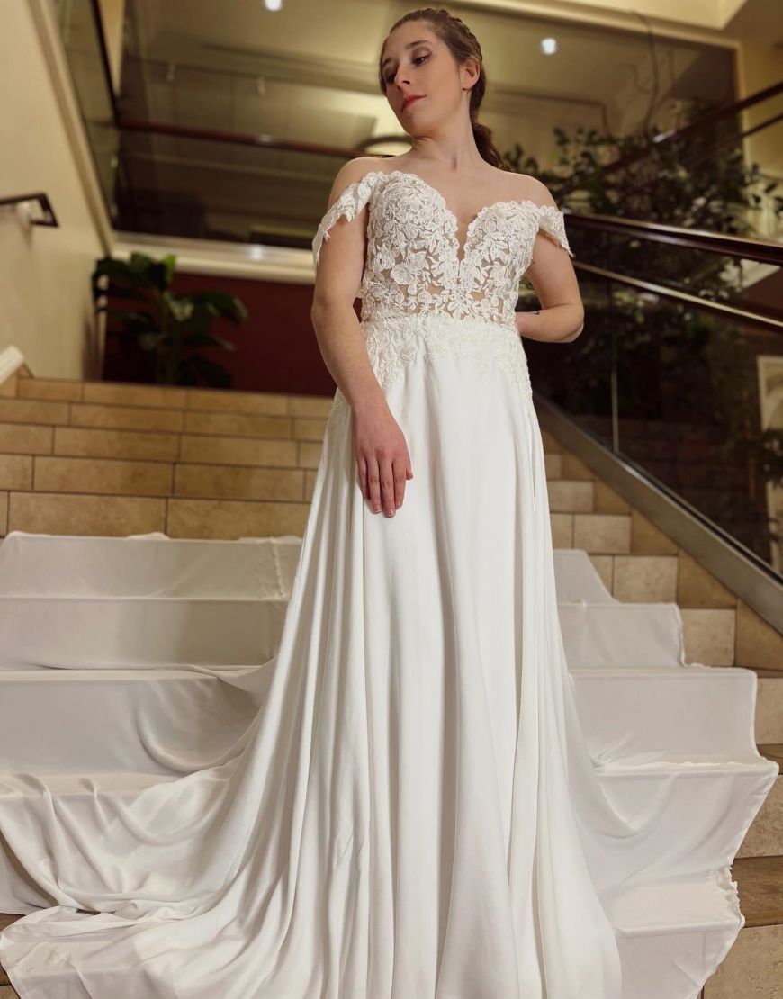 Elegant A-Line Off The Shoulder Chapel Train Lace And Satin Wedding Dress
