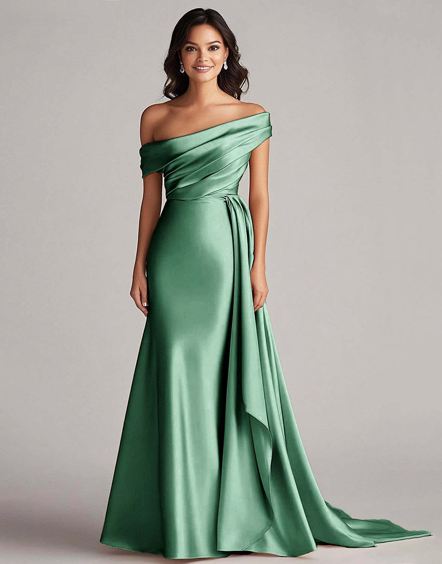Elegant Champagne One Shoulder Bodycon Satin Long Prom Dress With Ruffles
