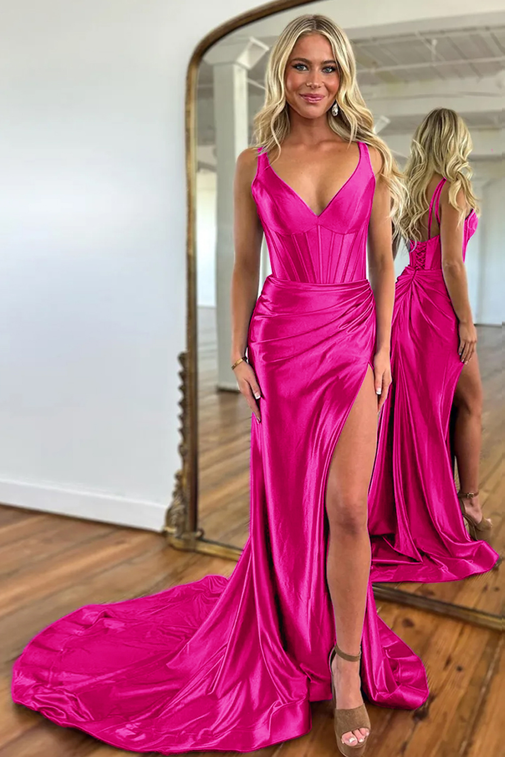 Purple Satin V-Neck Sweep Train Mermaid Prom Dress With Slit