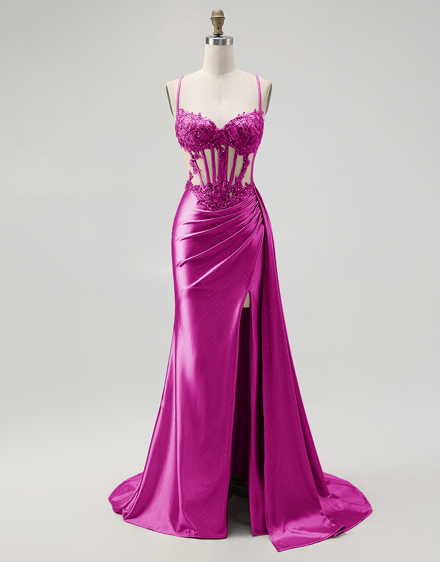 Sparkly Champagne Mermaid Spaghetti Straps Satin Long Prom Dress with Beading