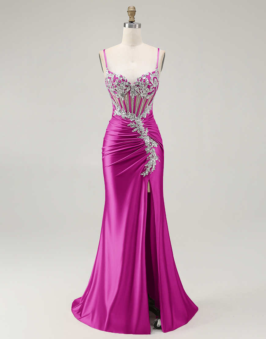 Sparkly Grey Pink Mermaid Satin Corset Long Prom Dress with Slit