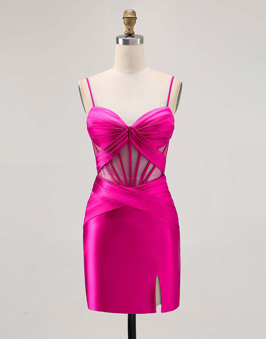 Royal Blue Tight Ruched Satin Short Corset Homecoming Dress with Slit