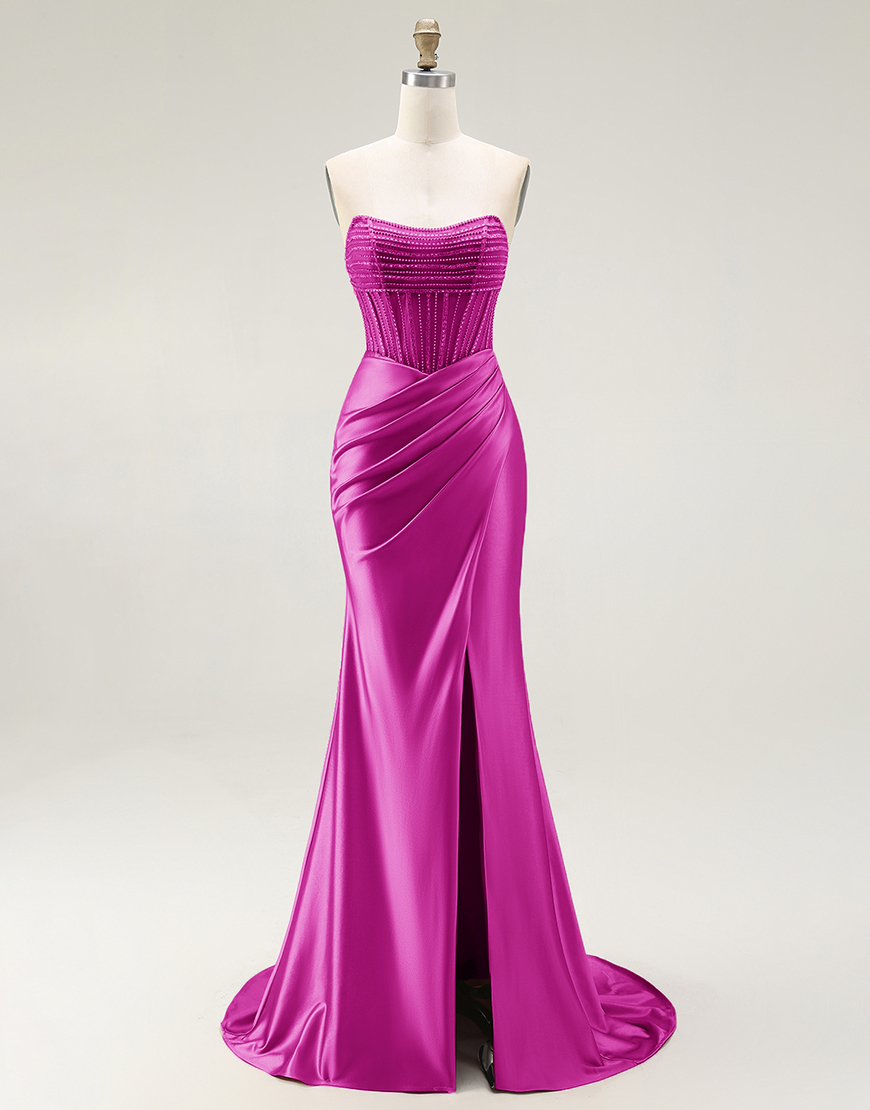 Sparkly Mermaid Blush Strapless Ruched Long Prom Dress with Slit