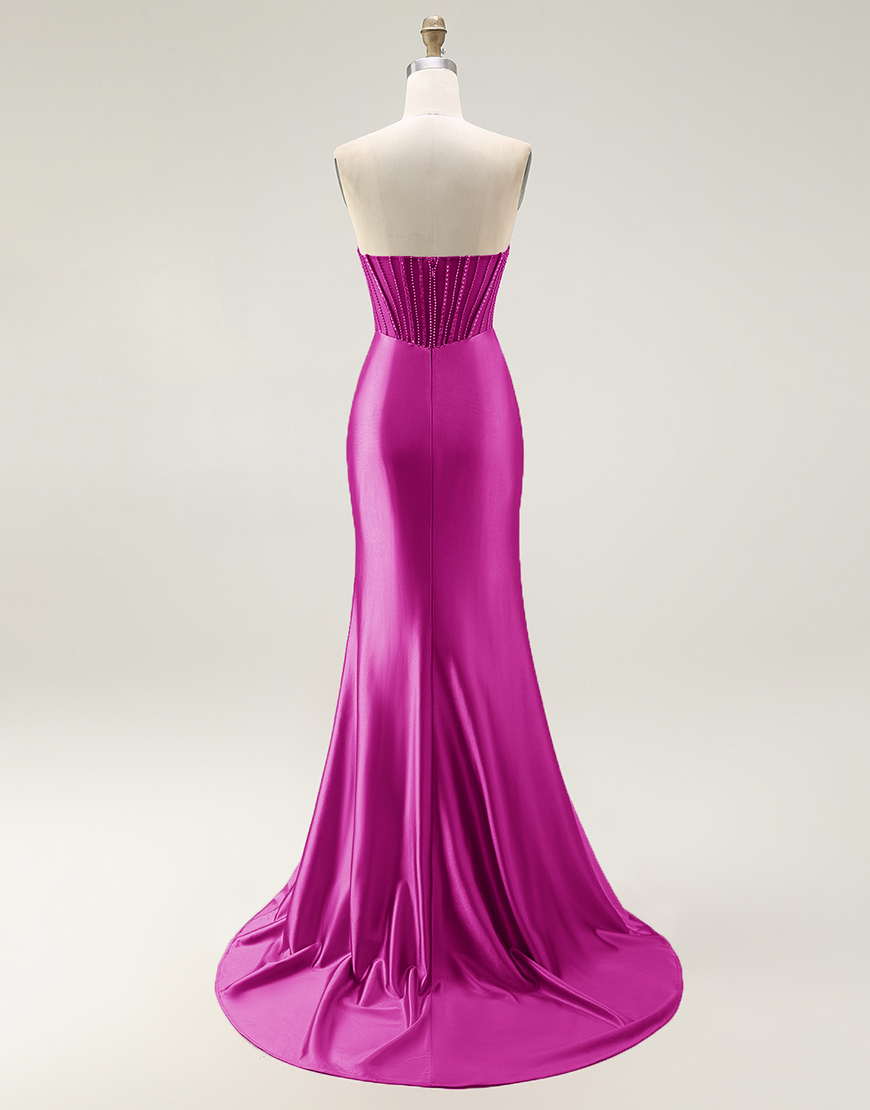 Sparkly Mermaid Blush Strapless Ruched Long Prom Dress with Slit