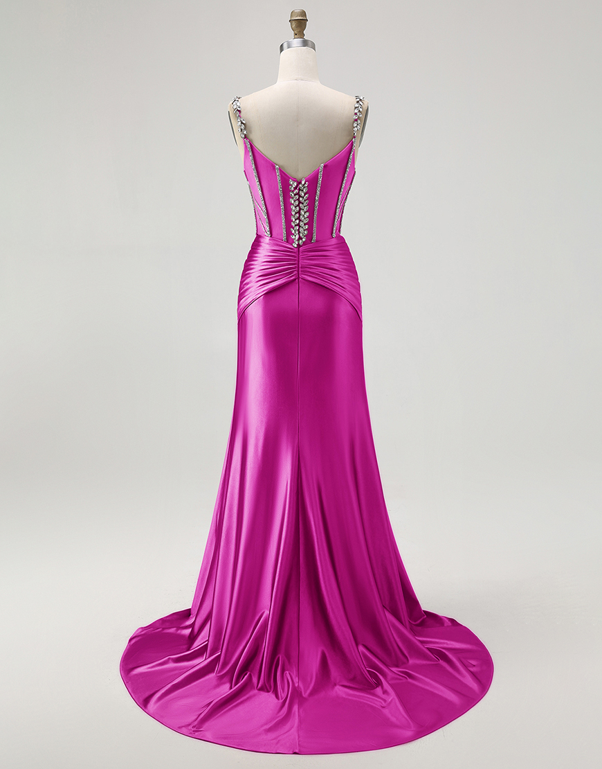 Sparkly Blush Mermaid Spaghetti Straps Long Corset Satin Prom Dress with Beading