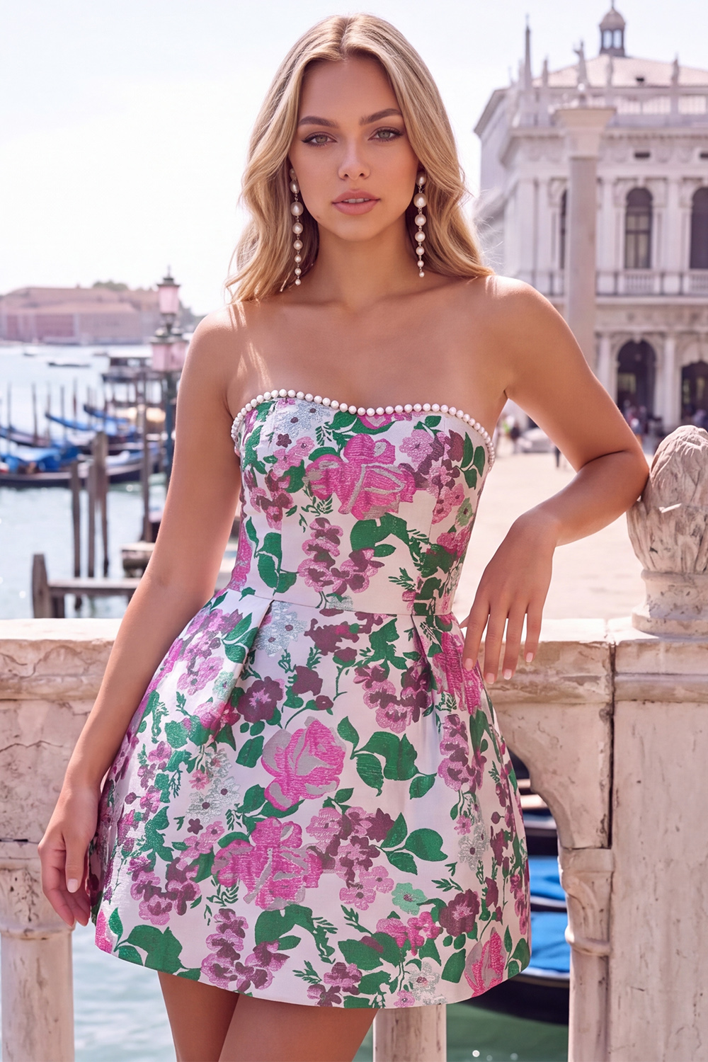 Blue Flower Jacquard A-Line Short Homecoming Dress with Bow