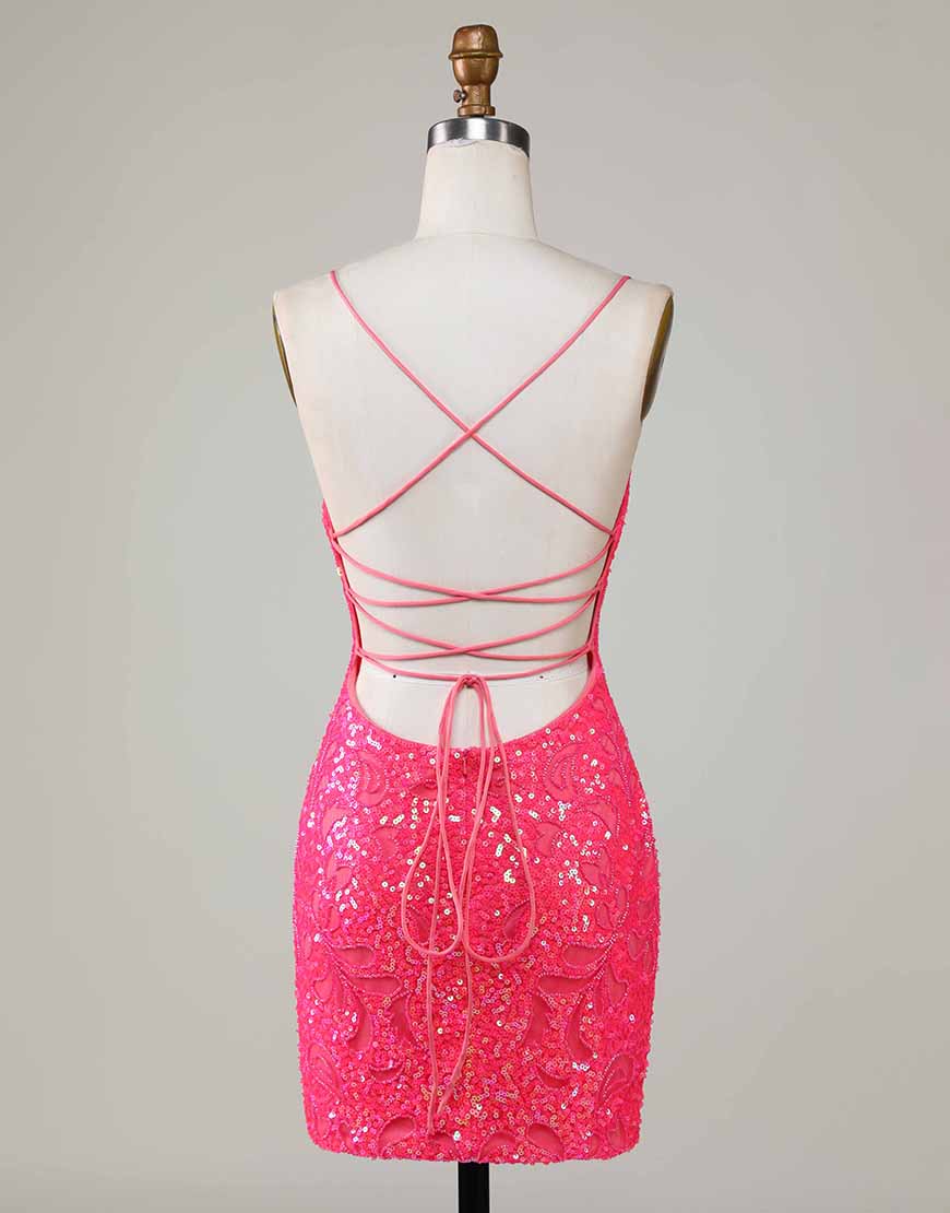 Spaghetti Straps Criss Cross Back Short Sequin Homecoming Dress