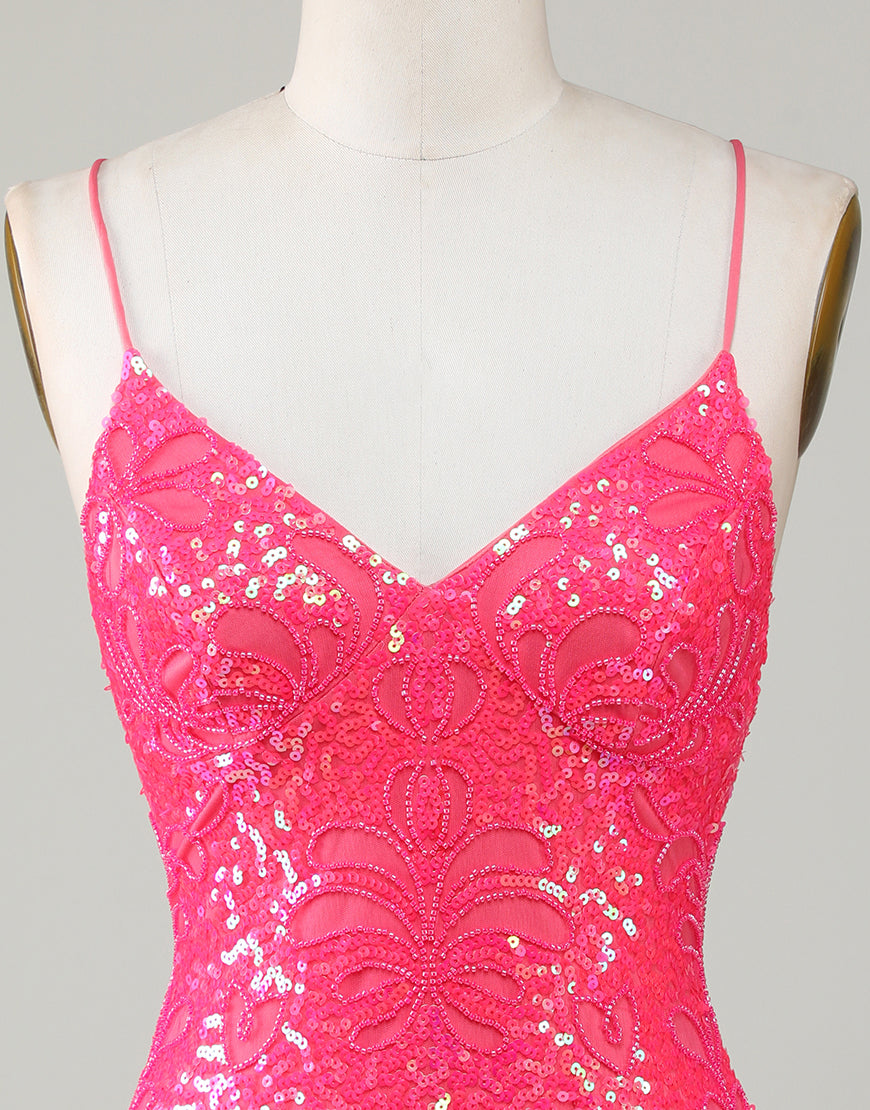 Spaghetti Straps Criss Cross Back Short Sequin Homecoming Dress