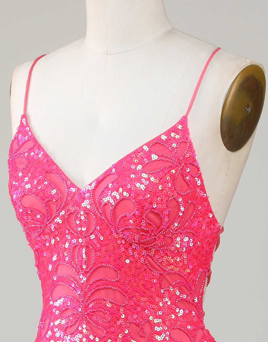 Spaghetti Straps Criss Cross Back Short Sequin Homecoming Dress