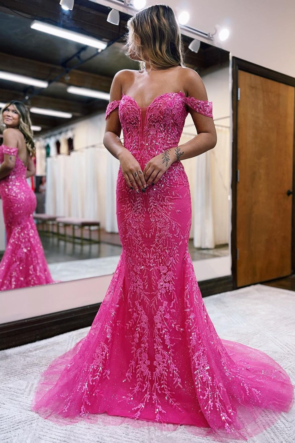 Glitter Fuchsia Mermaid Off The Shoulder Long Prom Dress With Appliques