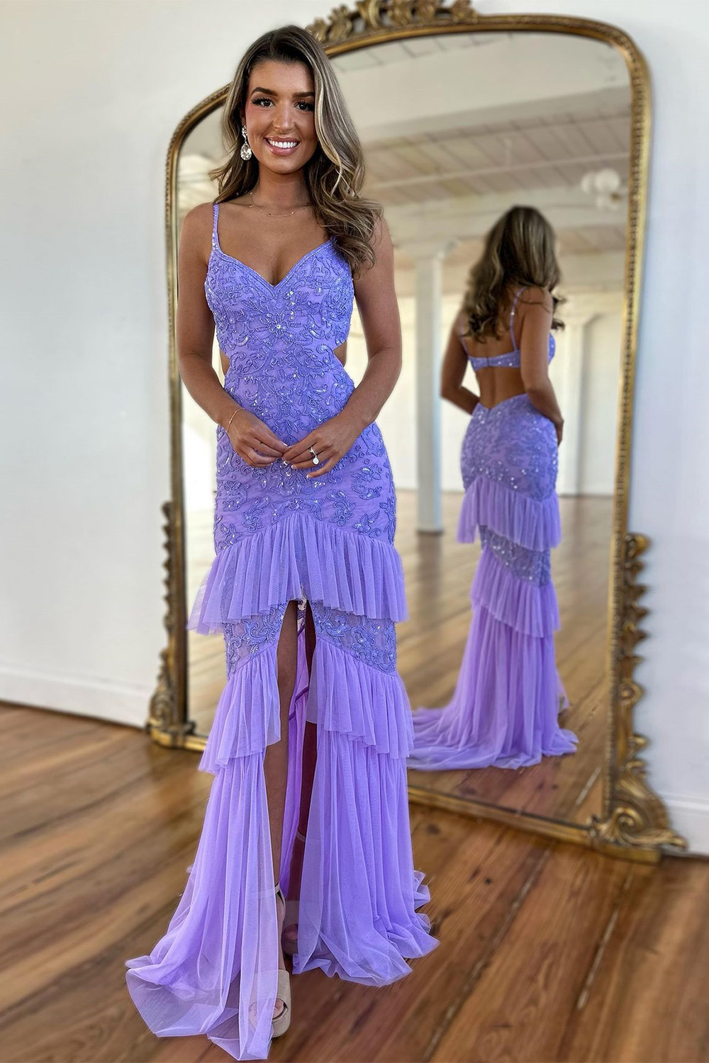 Glitter Lavender Mermaid Spaghetti Straps Long Prom Dress With Slit
