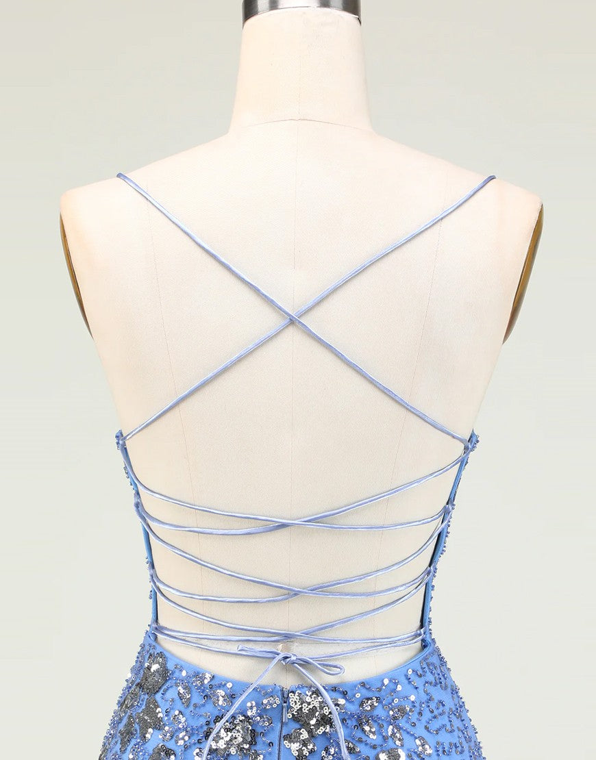 Sparkly Blue Spaghetti Straps Lace Up Sequined Tight Homecoming Dress