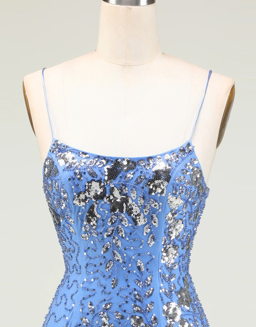 Sparkly Blue Spaghetti Straps Lace Up Sequined Tight Homecoming Dress