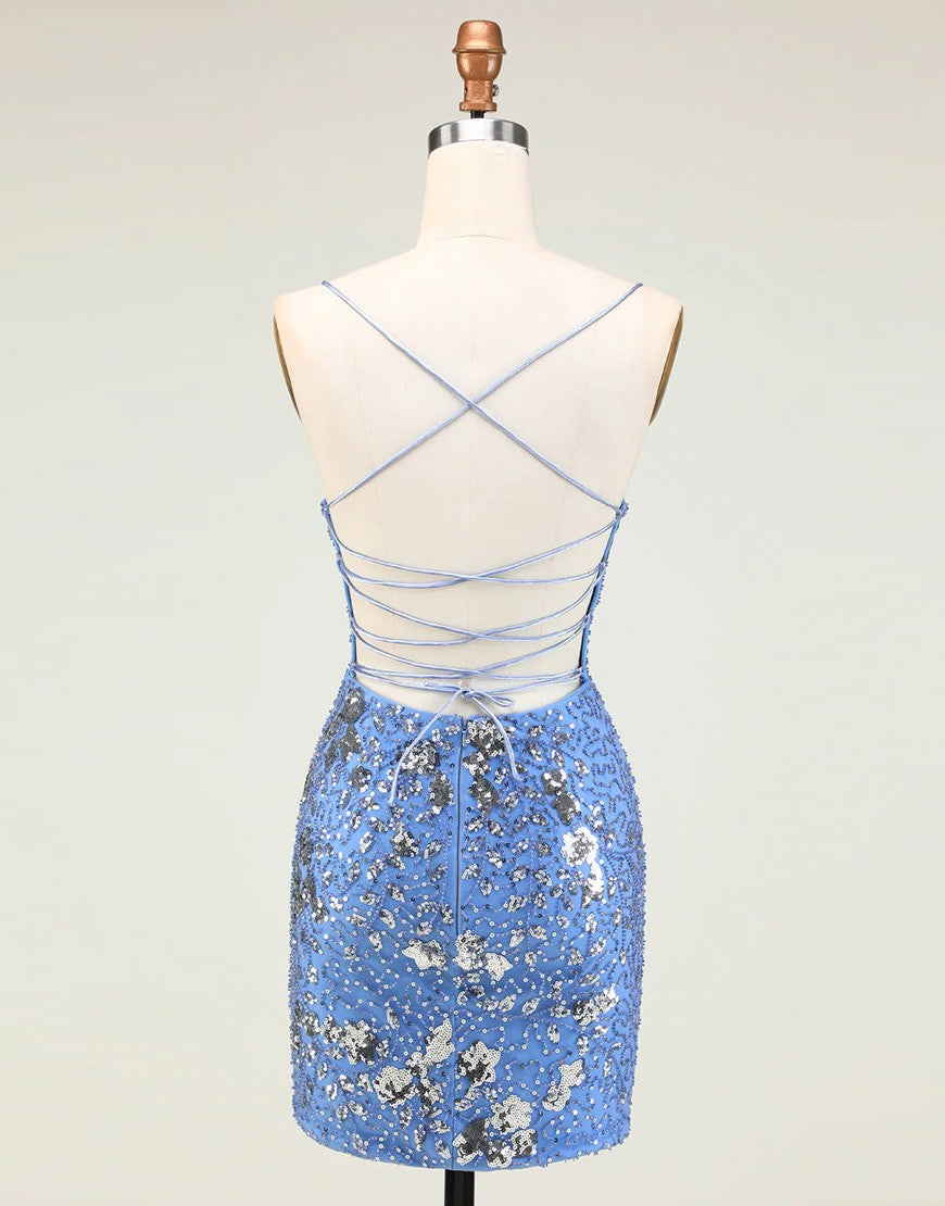 Sparkly Blue Spaghetti Straps Lace Up Sequined Tight Homecoming Dress