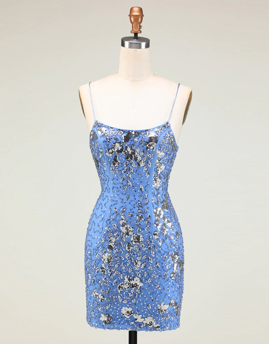 Glitter Blue Spaghetti Straps Beaded Sequins Short Tight Homecoming Dress