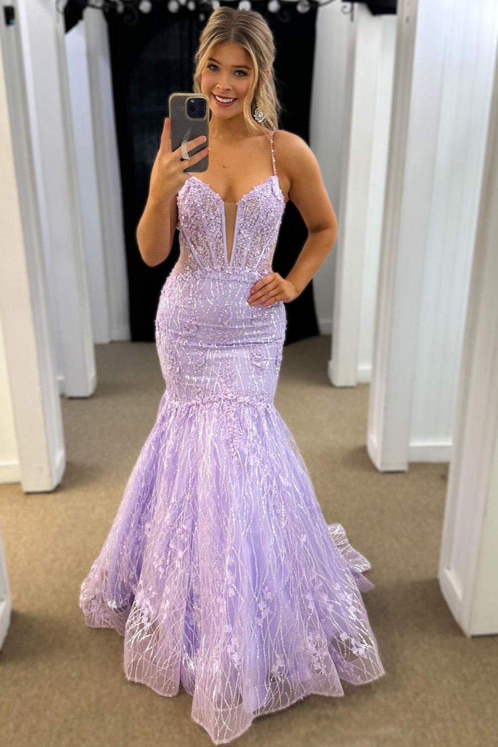 Glittler Lilac Mermaid Spaghetti Straps Long Corset Prom Dress