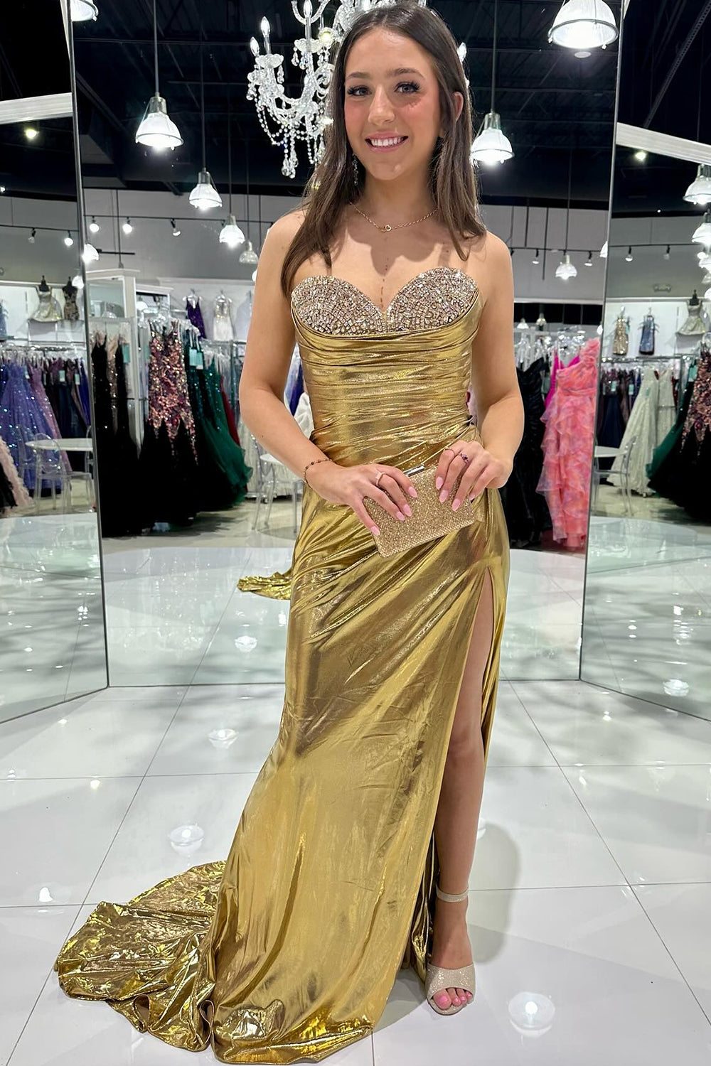Golden Mermaid Sweetheart Long Metallic Prom Dress with Beading
